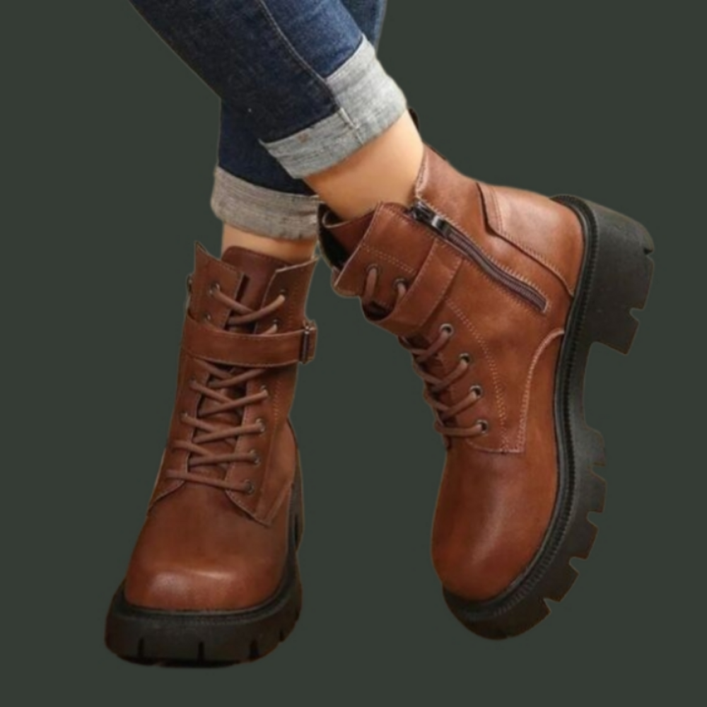 Ladie's Brown Chunky  Ankle Combat Boots